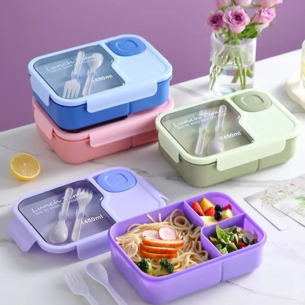Boîte à Bento Grande Capacité 3 Compartiments avec Couverts (1450 ml)