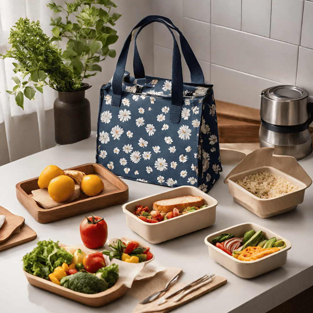 sac repas avec lunch box préparée d'aliments frais