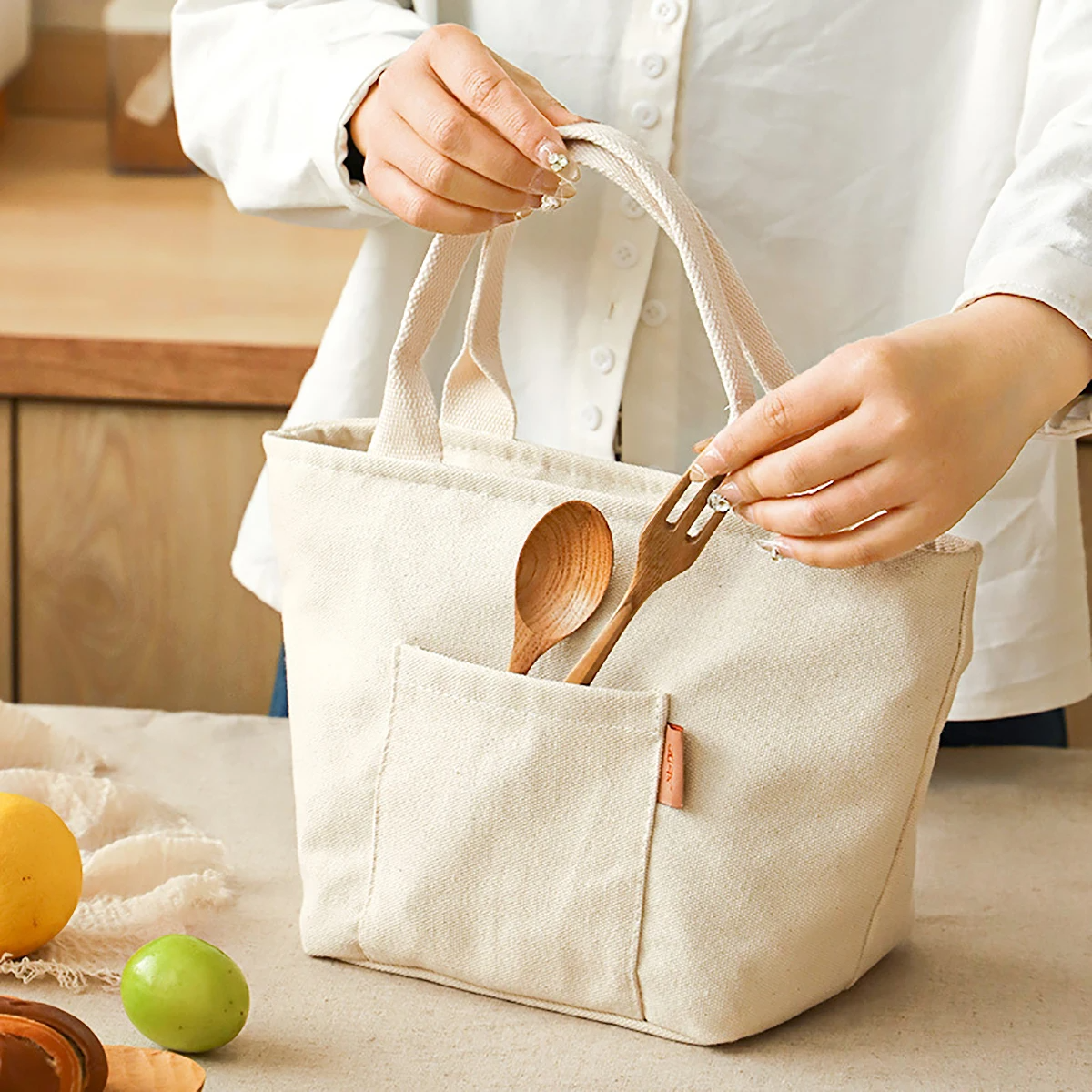 sac lunch en toile beige
