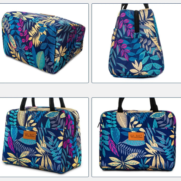 differentes vues sac isotherme repas feuilles multicolores