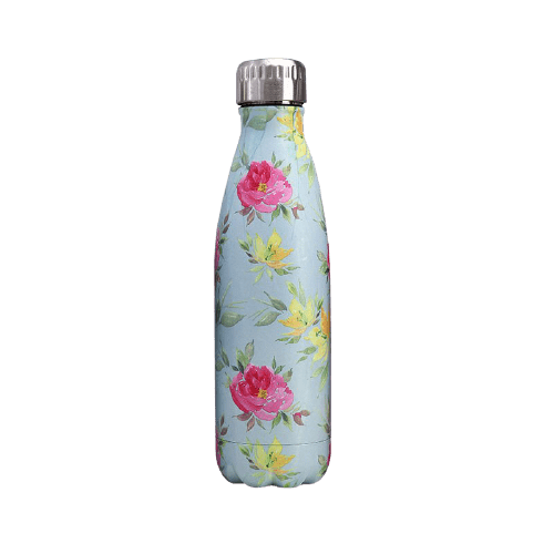 gourde inox bouteille isotherme fleurs jaunes et roses