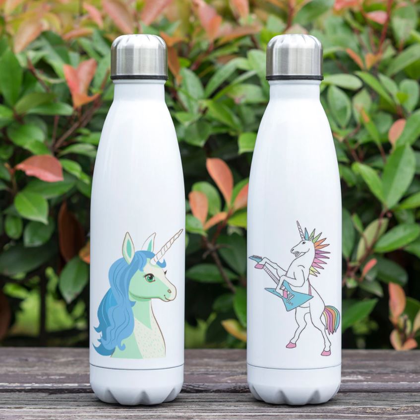 bouteille isotherme licorne crinière bleue et licorne rock n roll