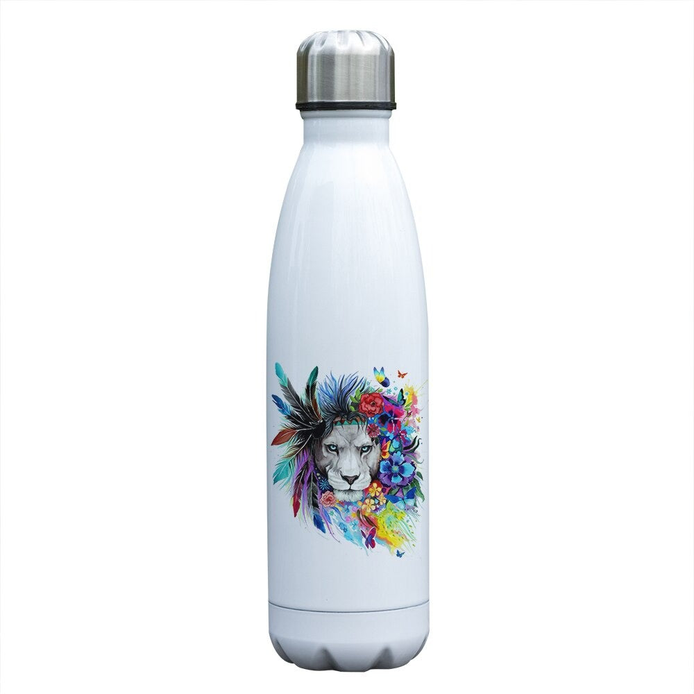 bouteille isotherme motif lion avec plumes et fleurs multicolore