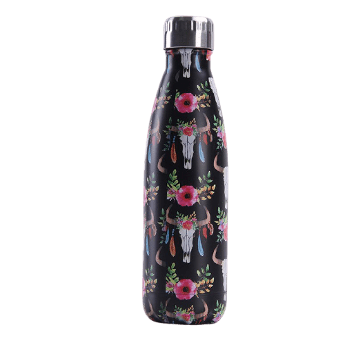 gourde inox bouteille isotherme motif de taureau et de fleurs