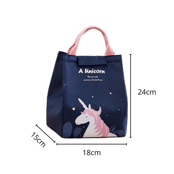 Lunch bag isotherme bleu motif licorne avec dimension