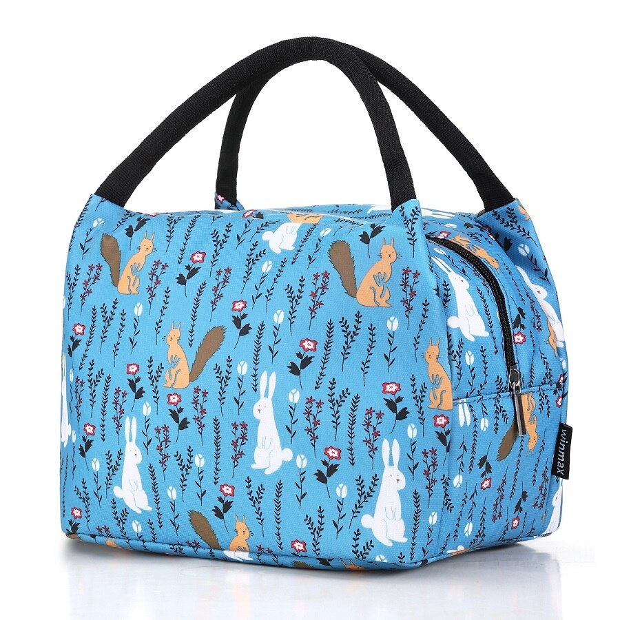 Sac isotherme bleu fleurs chat et lapin