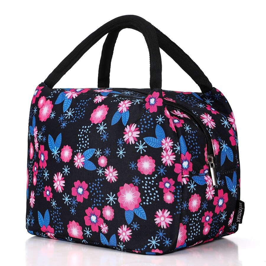 sac repas isotherme noir fleur rose