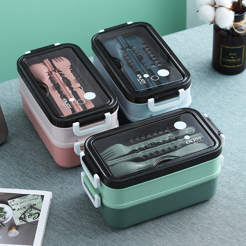 lunch box repas trois couleurs verte bleue et rose
