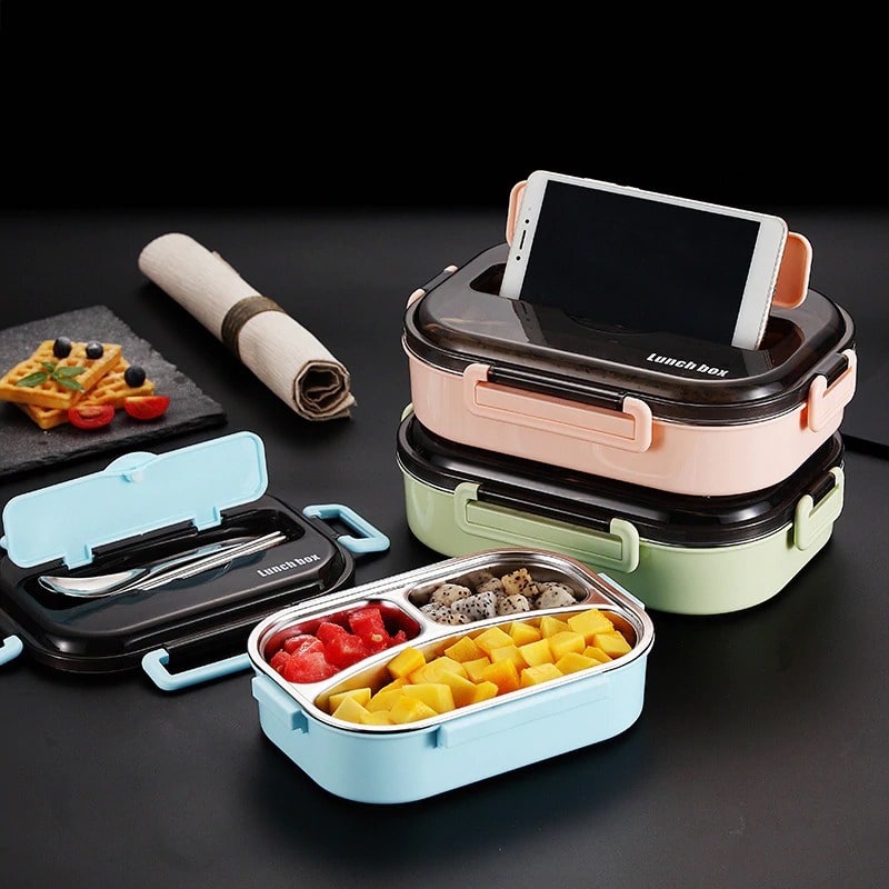 lunch box isotherme couleur bleu verte et rose avec support téléphone