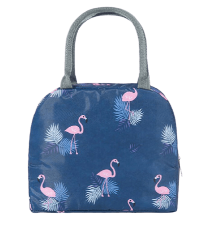 sac isotherme flamants roses bleu foncé avec feuilles tropicales