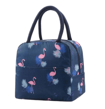 sac isotherme bleu foncé pour repas avec flamants roses et feuilles tropicales