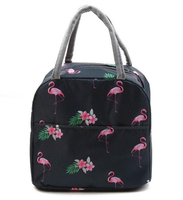 sac isotherme repas noir au motif flamants roses et fleurs