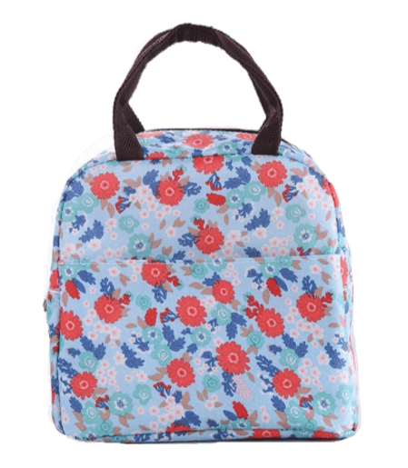 sac isotherme repas bleu fleurs rouges et bleues