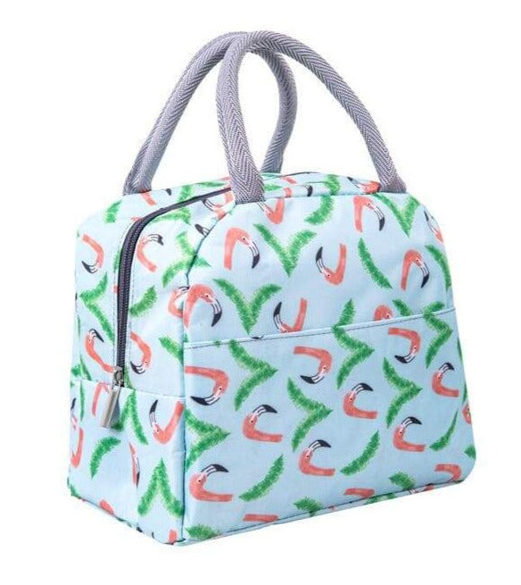 sac isotherme repas vert au motif flamants roses et feuilles