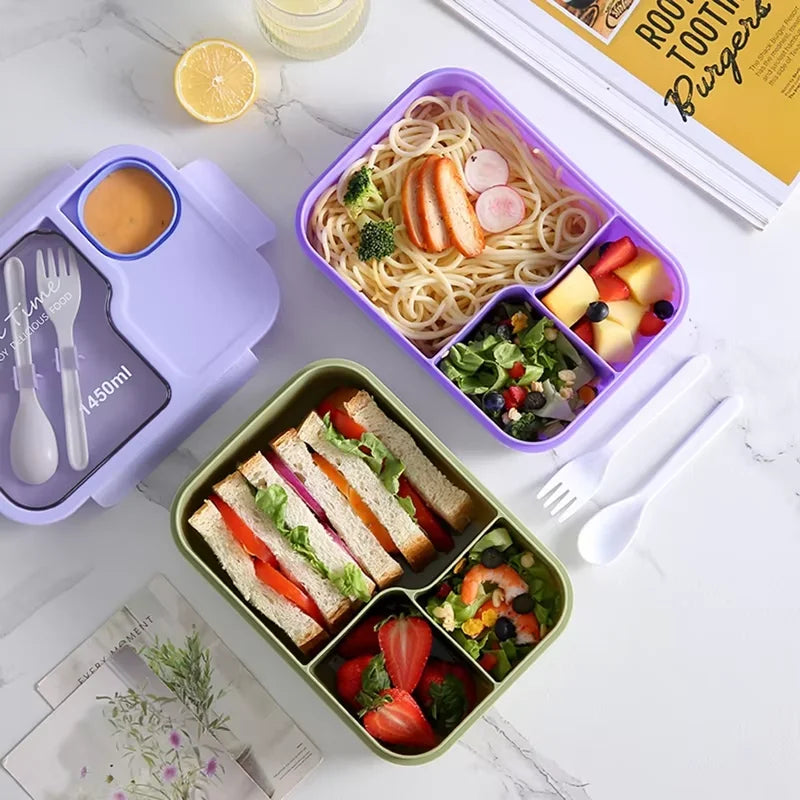 Boîte à Bento Grande Capacité 3 Compartiments avec Couverts (1450 ml)