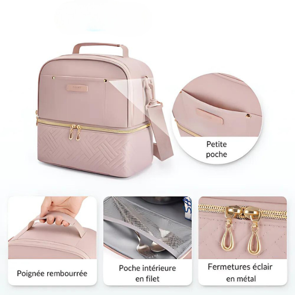 sac isotherme rose double compartiment détails