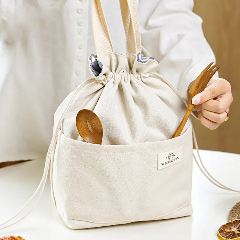 Sac Déjeuner Isotherme en Toile Beige à Cordon