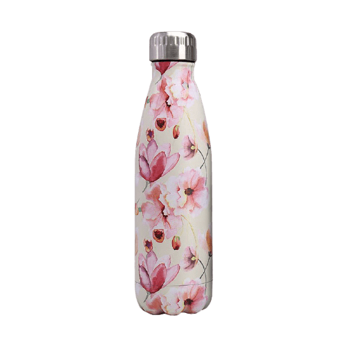 gourde inox bouteille isotherme jolie fleur couleur rose et blanche
