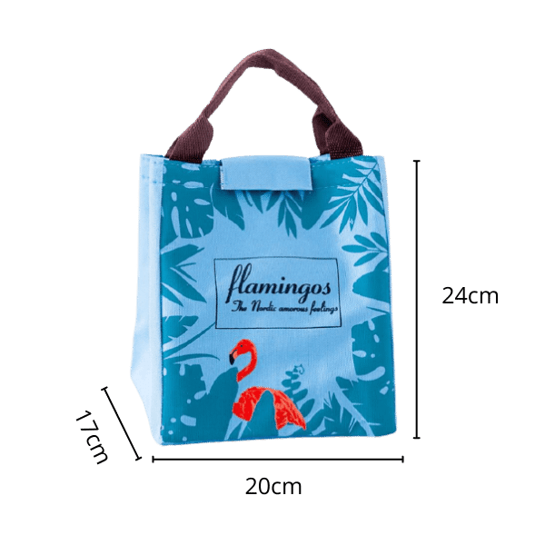 lunch bag isotherme bleu motif flamingos avec dimension