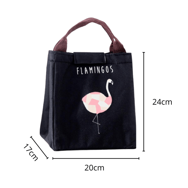 Lunch bag isotherme noir motif flamant rose avec dimension
