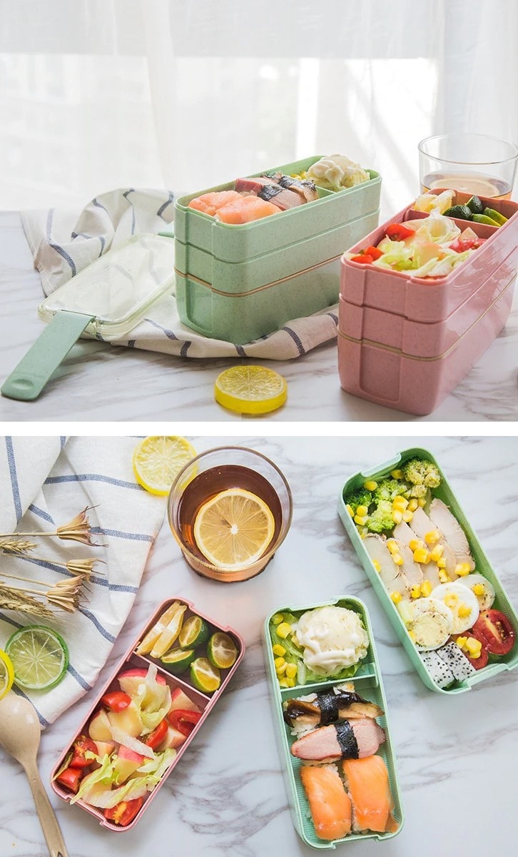 lunch box healthy beige rose et bleu avec repas