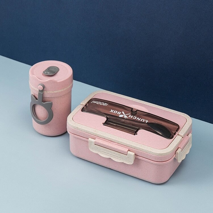 Lunch box blanche rose avec compartiment et set de 3 couverts en inox ON  THE GO