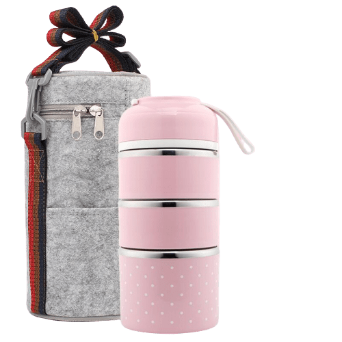 Lunch box isotherme rose trois compartiments avec sac