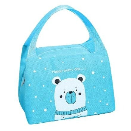 sac isotherme bleu pour repas avec un ours blanc et neige