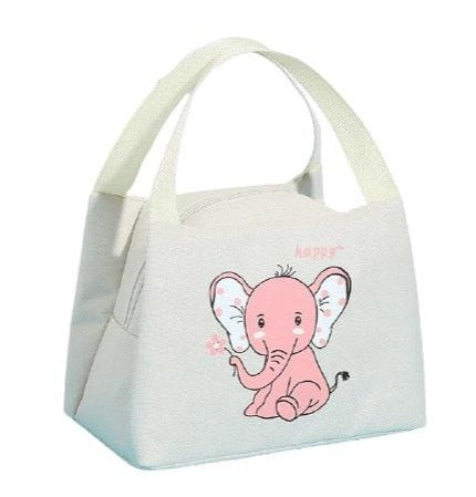 sac isotherme blanc pour repas avec un éléphant rose mignon