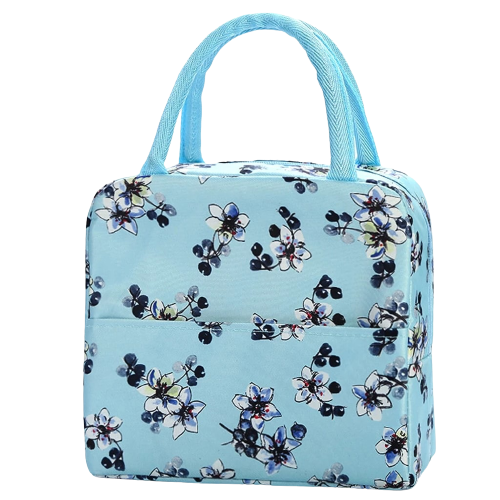 sac isotherme pour repas bleu avec fleurs blanches et bleues