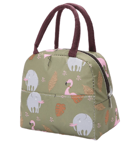 sac isotherme marron pour repas avec motif flamants roses feuilles et éléphants